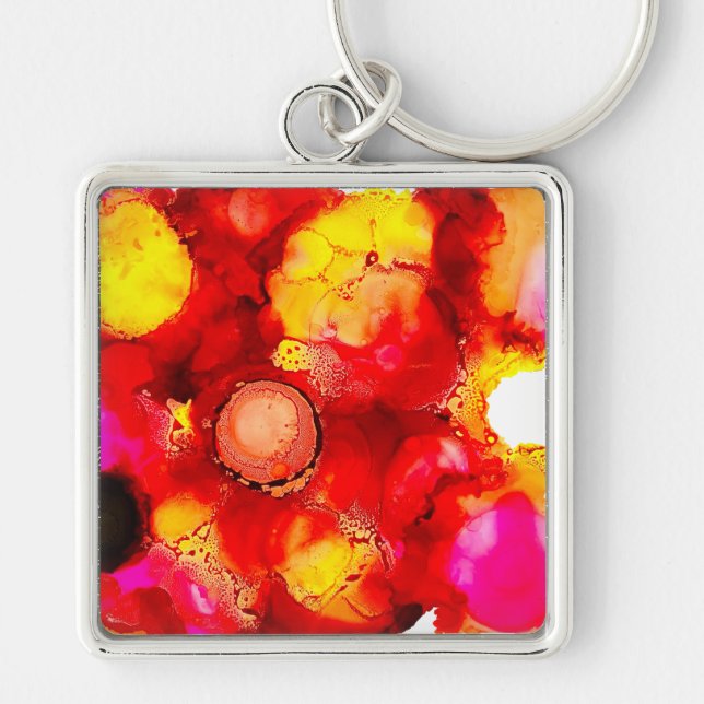 Abstrakt bläck art gult röd och rosa fyrkantig silverfärgad nyckelring (Framsidan)