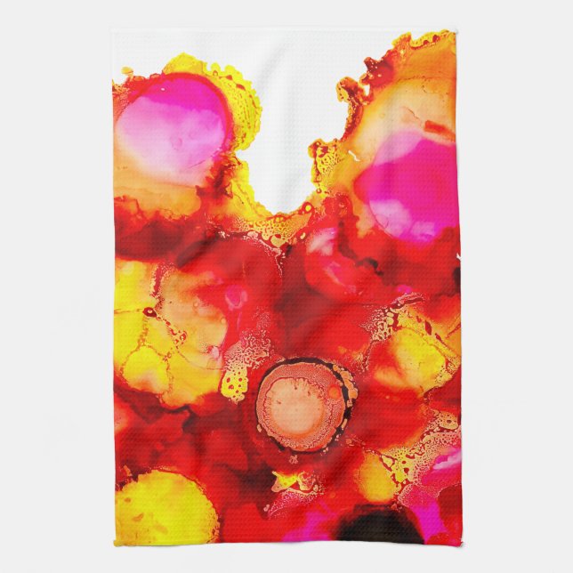 Abstrakt bläck art gult röd och rosa kökshandduk (Vertikal)
