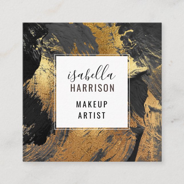 Abstrakt Black Brushstrokes Guld Makeup Artist Fyrkantigt Visitkort (Framsida)