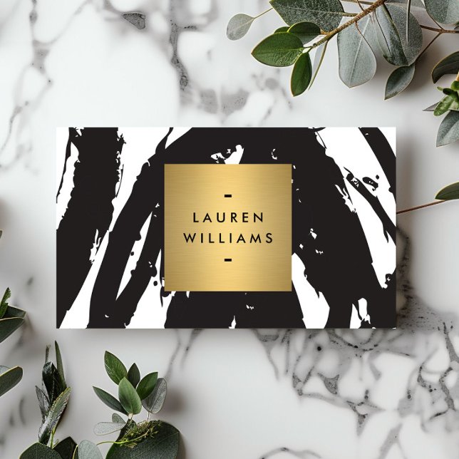 Abstrakt Black Brushstrokes med Guld Namn Logotyp Visitkort (Skapare uppladdad)