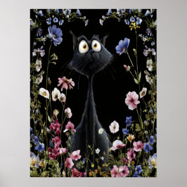 Abstrakt Black Cat Colorful Vild Flowers Poster