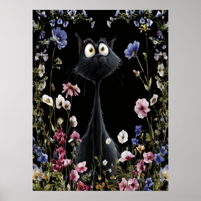 Abstrakt Black Cat Colorful Vild Flowers Poster (Framsidan)