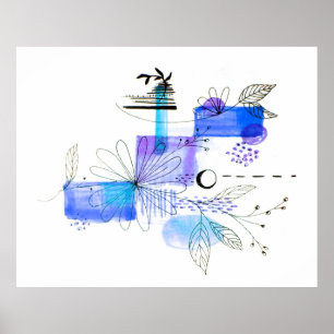 Abstrakt Black Flower Art Blue och Grått Poster
