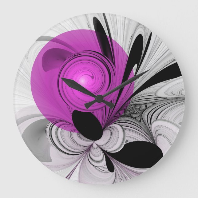 Abstrakt Black Grått med Magenta Fractal Art Stor Klocka (Framsida)