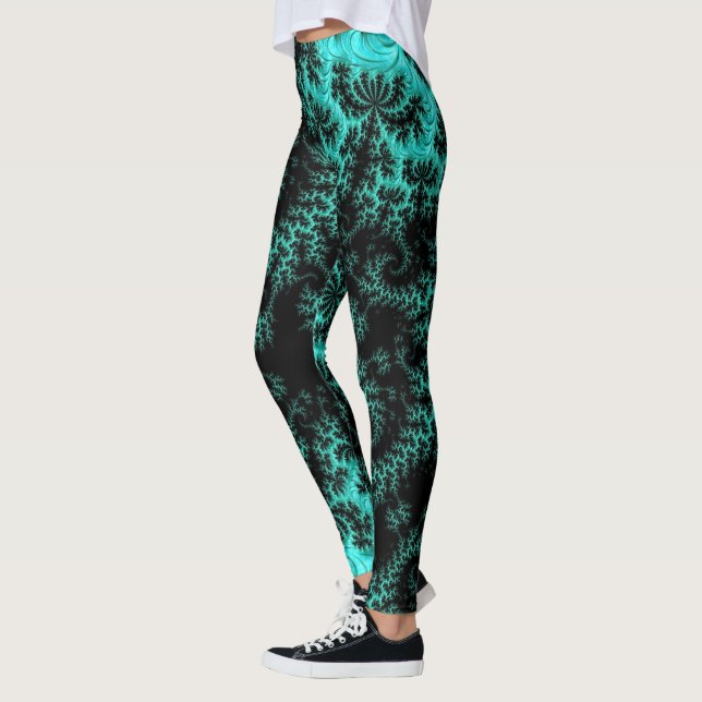 Abstrakt Black Grönt Fractal Mönster Leggings (Vänster)