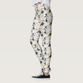 Abstrakt Black Gult Grått Blommönster Leggings