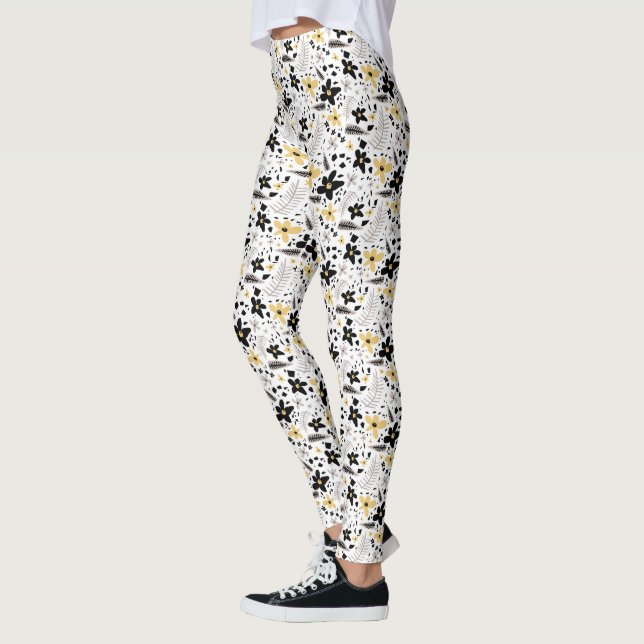 Abstrakt Black Gult Grått Blommönster Leggings (Vänster)