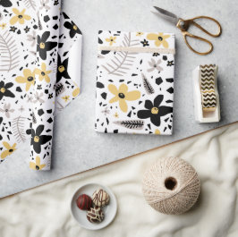 Abstrakt Black Gult Grått Sömlöst Blommönster Presentpapper