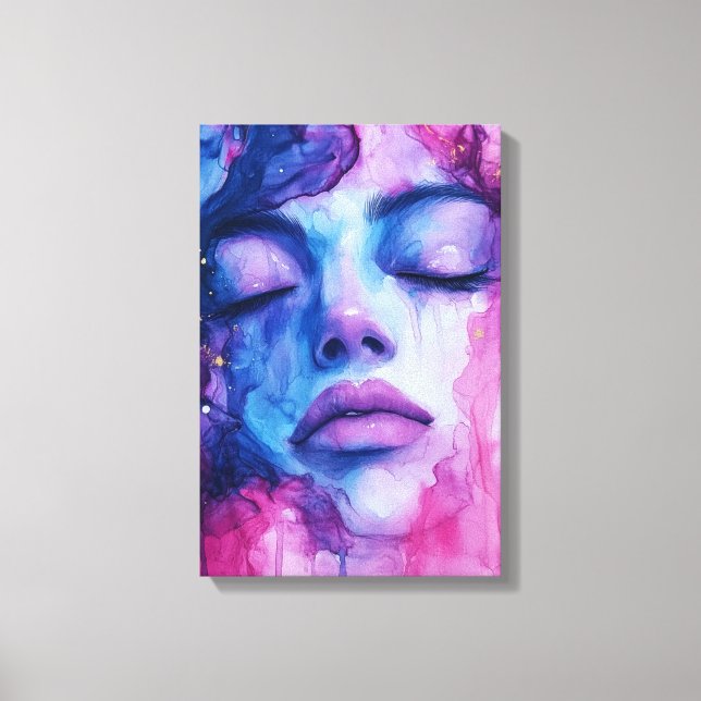 abstrakt bläck konst kvinna ansikte rosa och blå t canvastryck (Framsida)