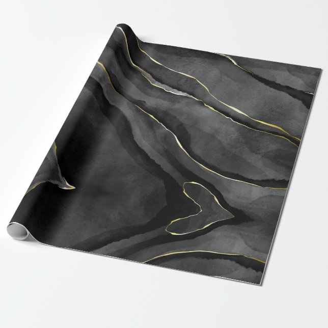 Abstrakt Black och Guld Agate Marble Swirl Presentpapper (Utrullad)
