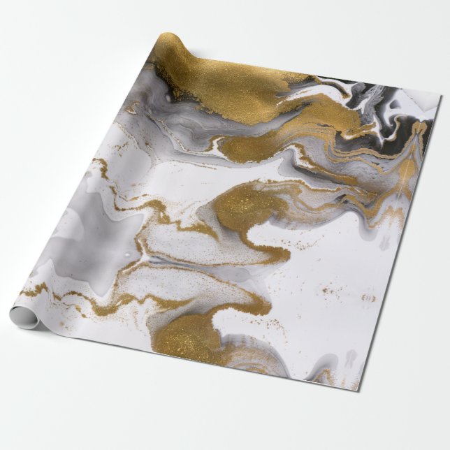 Abstrakt Black och Guld Agate Marble Swirl Presentpapper (Utrullad)