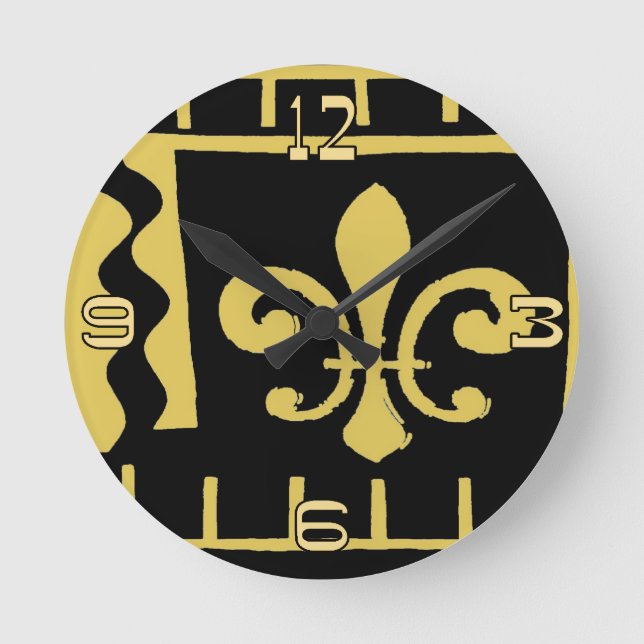 Abstrakt Black och Guld Fleur De Lis Rund Klocka (Framsida)