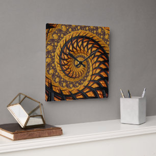 Abstrakt Black och Guld Spiral Fractal Fyrkantig Klocka