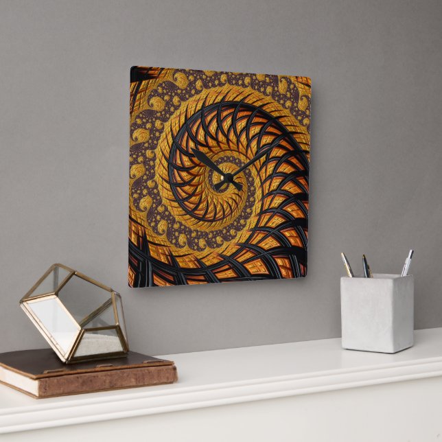 Abstrakt Black och Guld Spiral Fractal Fyrkantig Klocka (Kontor)