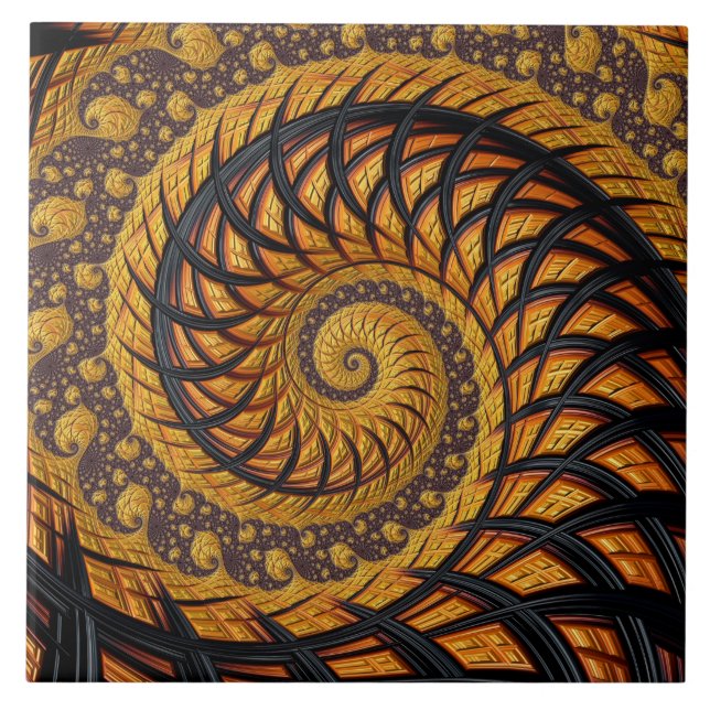 Abstrakt Black och Guld Spiral Fractal Kakelplatta (Framsidan)