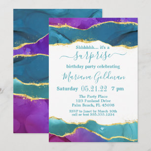 Abstrakt Bläck Rosa Teal Guld Surprise Party Inbjudningar