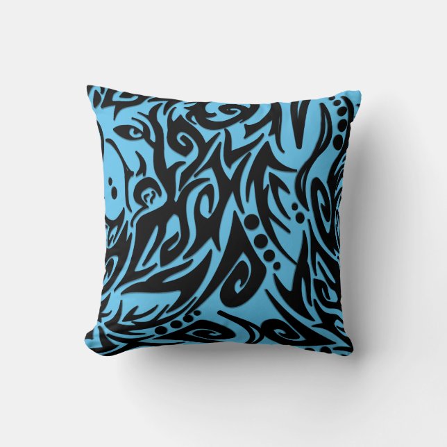 Abstrakt Black Tribal Design Solid Blue på Baksida Kudde (Framsida)