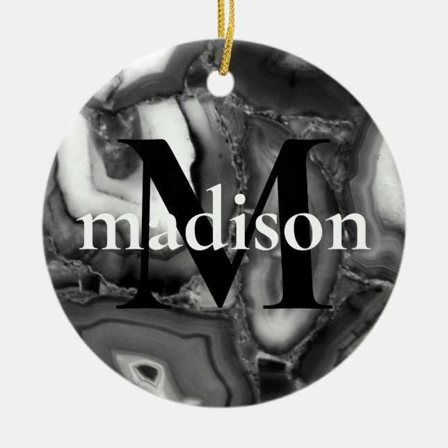 Abstrakt Black White agates geode monogram-skript Julgransprydnad Keramik (Framsidan)