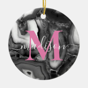 Abstrakt Black White agates geode monogram-skript Julgransprydnad Keramik