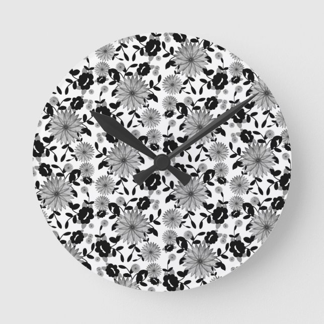 Abstrakt Black White Grått Blommigts Design Rund Klocka (Framsida)