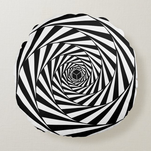 Abstrakt Black & White Swirl Spiral Stairway Rund Kudde (Framsidan)
