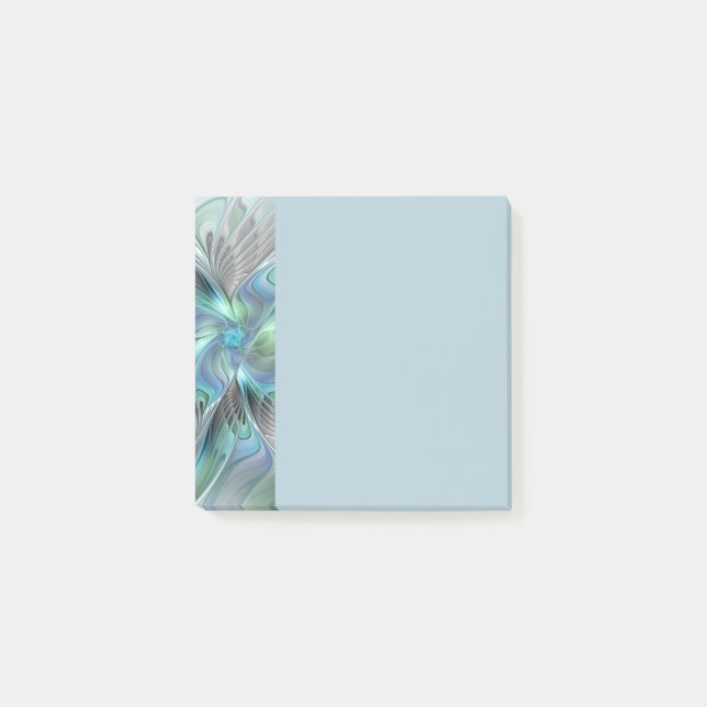 Abstrakt blågrön fjäril fantasy fraktal konst post-it block (Framsida)