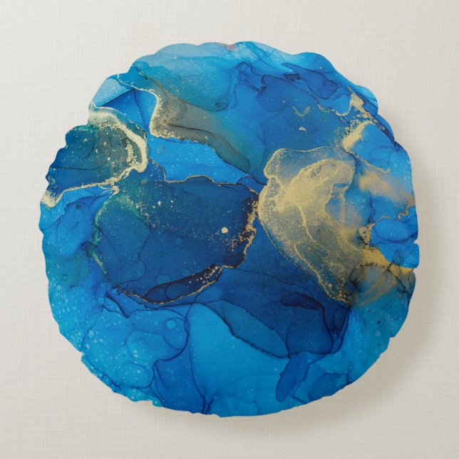 Abstrakt blått och guld i färglöst rygg rund kudde (Framsidan)