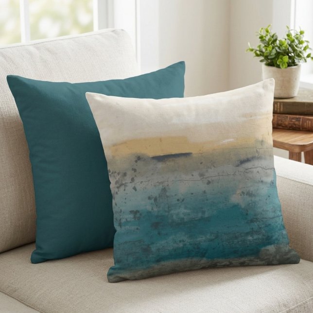 Abstrakt Blått och Guld Vattenfärg Landskap Kudde (This abstract landscape pillow adds a calm, artistic touch to any home for a gift.)