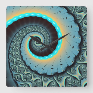 Abstrakt Blåturkos Orange Fractal Art Spiral Fyrkantig Klocka