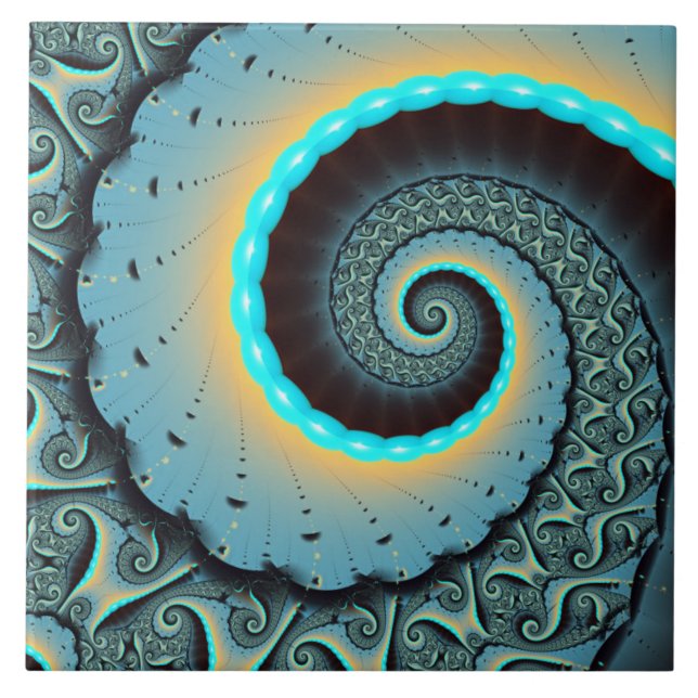 Abstrakt Blåturkos Orange Fractal Art Spiral Kakelplatta (Framsidan)