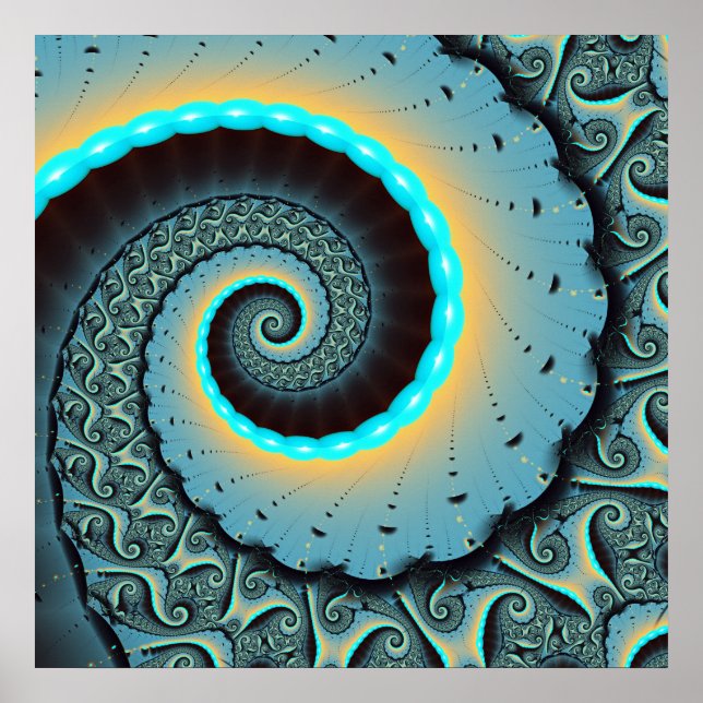 Abstrakt Blåturkos Orange Fractal Art Spiral Poster (Framsidan)