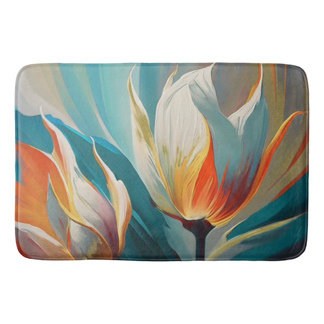 Abstrakt blomglöd i teal och orange badrumsmatta (Framsidan)