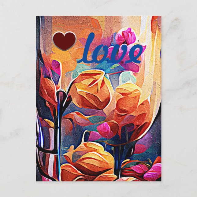 Abstrakt blomkonst orange röd blå blommor vykort (Framsida)