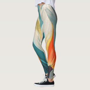 Abstrakt blommande glöd i turkos och orange leggings