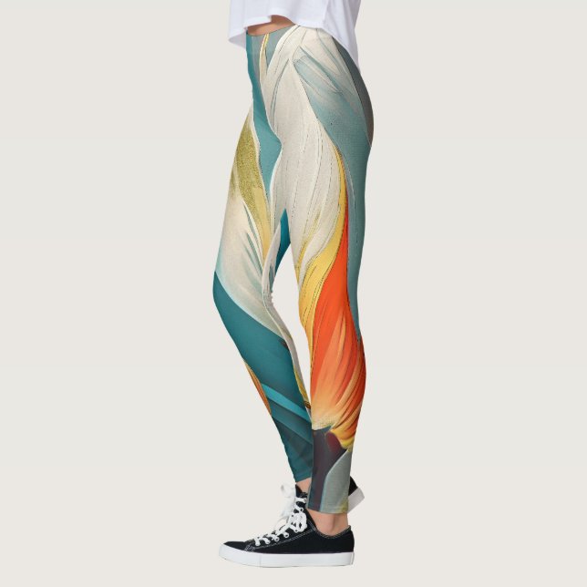 Abstrakt blommande glöd i turkos och orange leggings (Vänster)