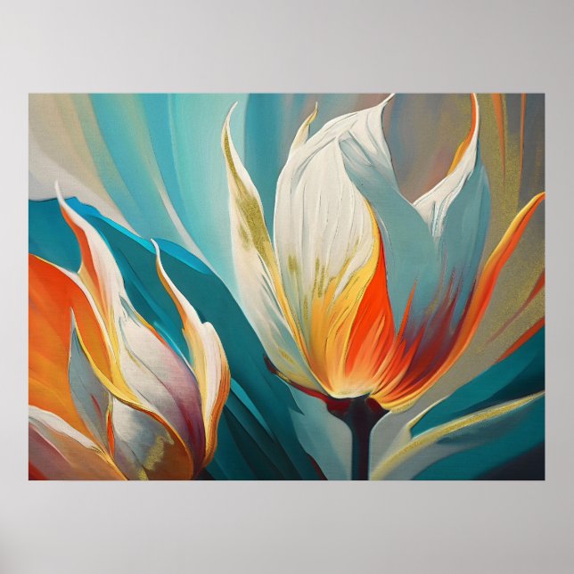 Abstrakt Blommig Glöd i Turkos och Orange Poster (Framsidan)