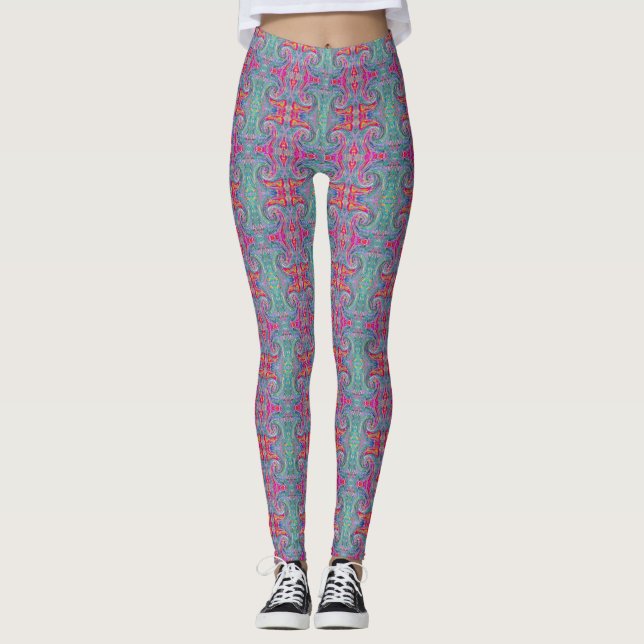 Abstrakt Blommig Psykedelisk Regnbågsfärgade Vågor Leggings (Framsida)