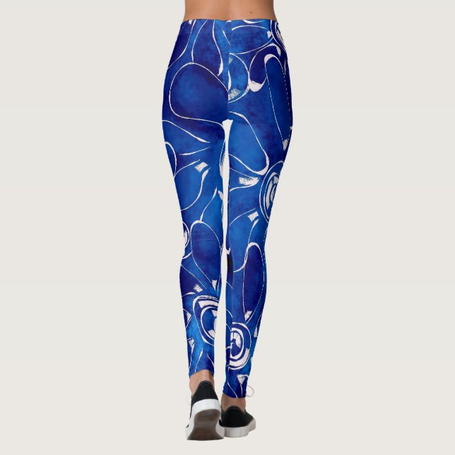 Abstrakt Blommigt Art Mönster Blue White Flowers Leggings (Baksida)