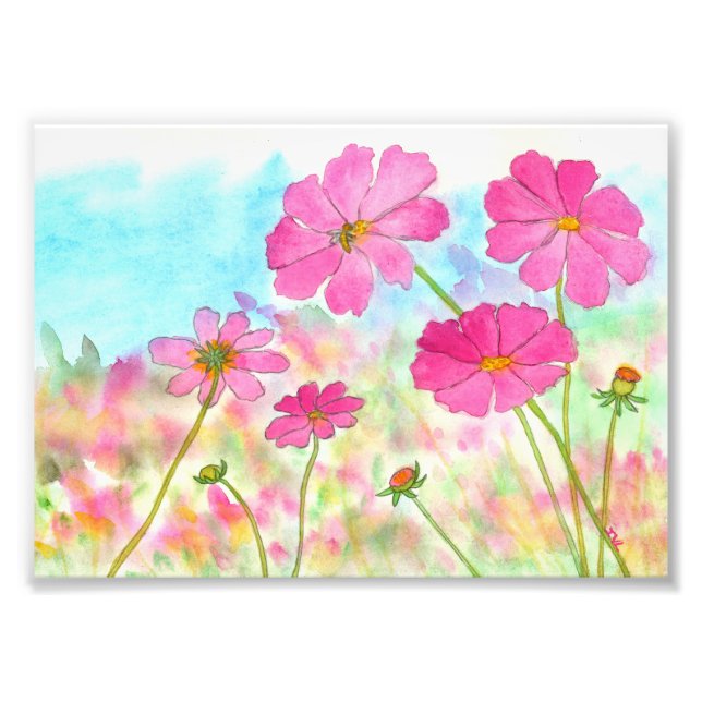 Abstrakt Blommigt Art Rosa Cosmos Vild Flowers Fototryck (Framsidan)