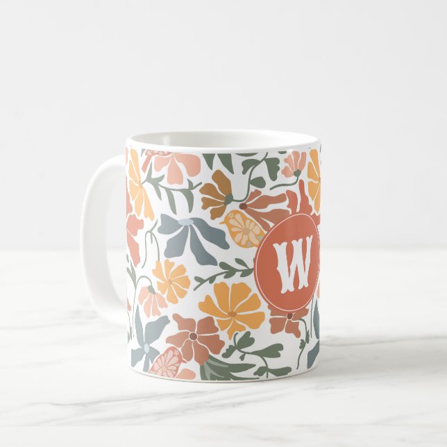 Abstrakt Blommigt Birds Mid Century Modern Monogra Kaffemugg (Framsida vänster)