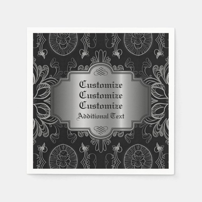 Abstrakt Blommigt Black och Silver Pappersservett (Framsidan)