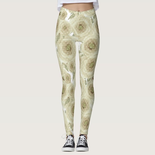 Abstrakt blommigt blommor ro beige färg mönster leggings (Framsida)
