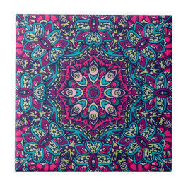 Abstrakt Blommigt Festive Mandala, Teal Magenta Kakelplatta