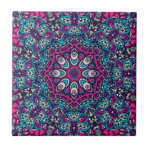 Abstrakt Blommigt Festive Mandala, Teal Magenta Kakelplatta