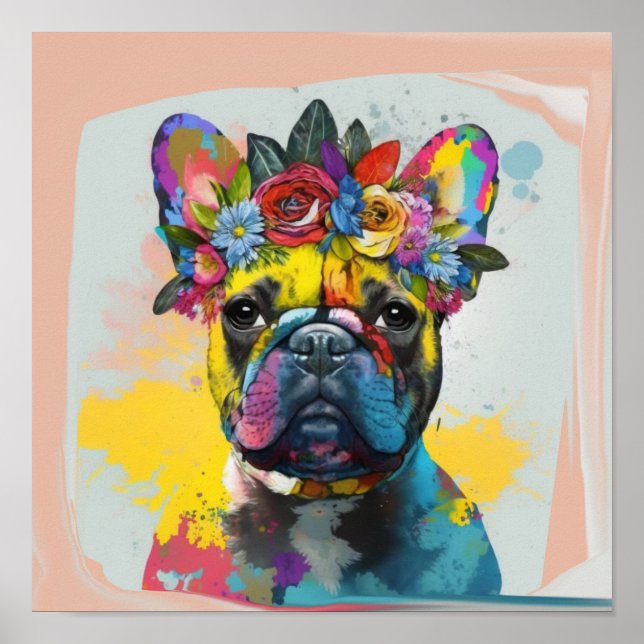 Abstrakt blommigt Fransk Bulldog-målning Poster (Framsidan)