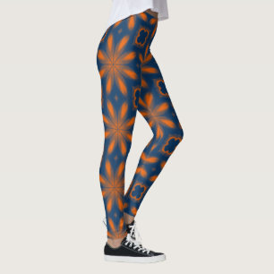 Abstrakt blommigt kaleidoskop mörk blått orange leggings