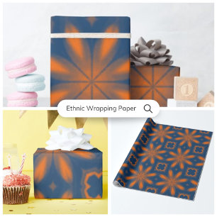Abstrakt blommigt kaleidoskop mörk blått orange presentpapper