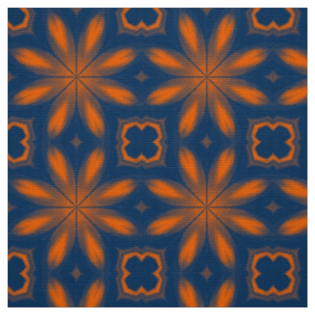 Abstrakt blommigt kaleidoskop mörk blått orange tyg (Provkarta)