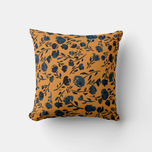 Abstrakt Blommigt Mustard och Blue Chic Monogram Kudde