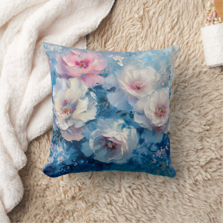 Abstrakt Blommigt Rosa Blue Oljemålning Kudde
